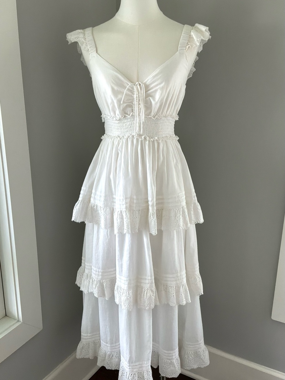 Cleobella White Tiered Eyelet Maxi Dress with Smocked Waist. Size XS